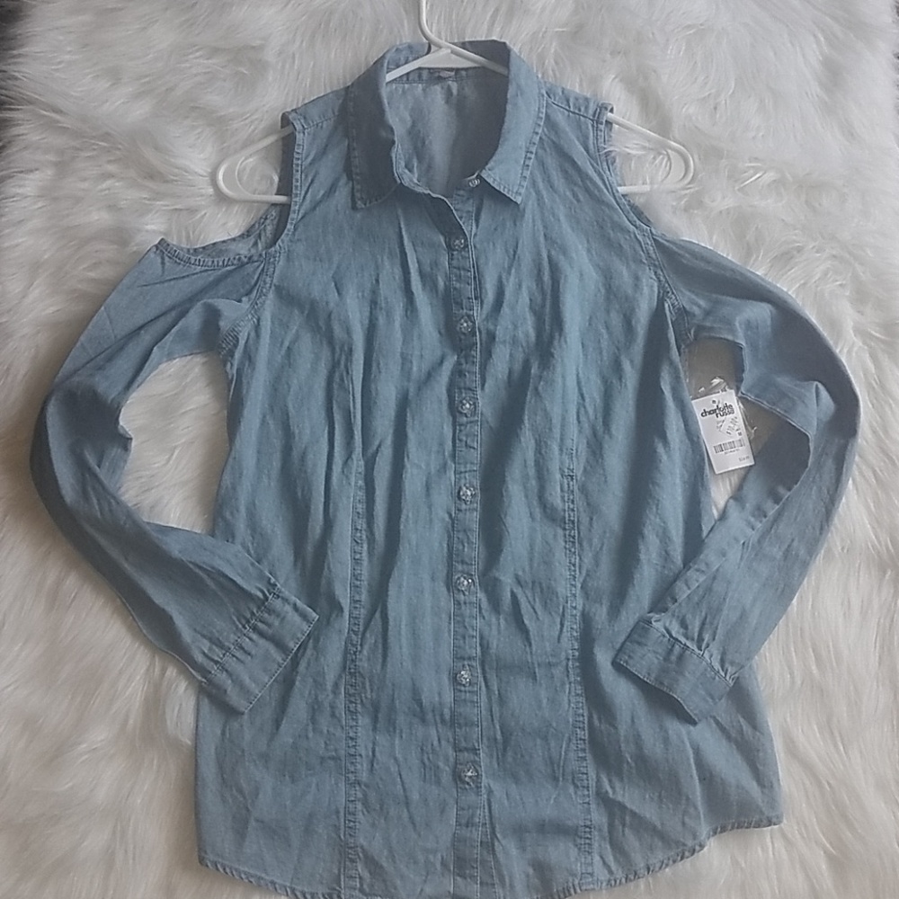 Charlotte Russe Denim and Lace Cold Shoulder Top